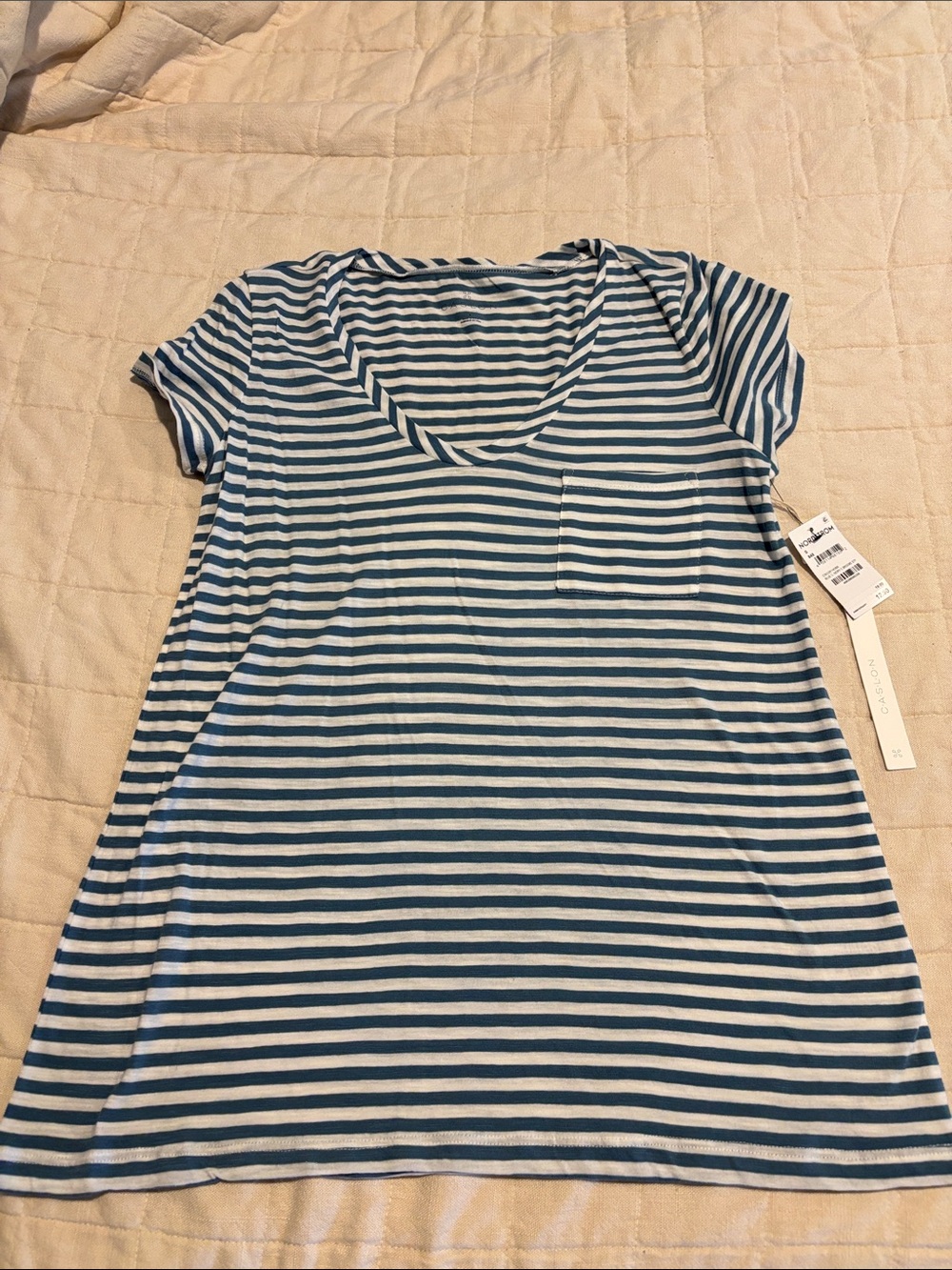 Blue and White Striped V-Neck Tee